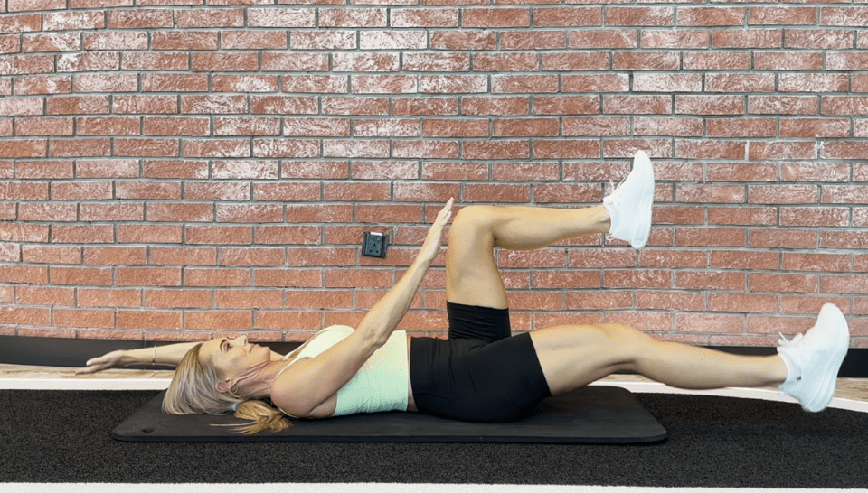 Lower the opposite arm to leg while keeping the core tight