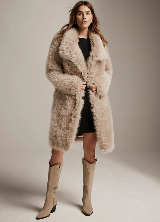 Neutral Longline Faux Fur Coat