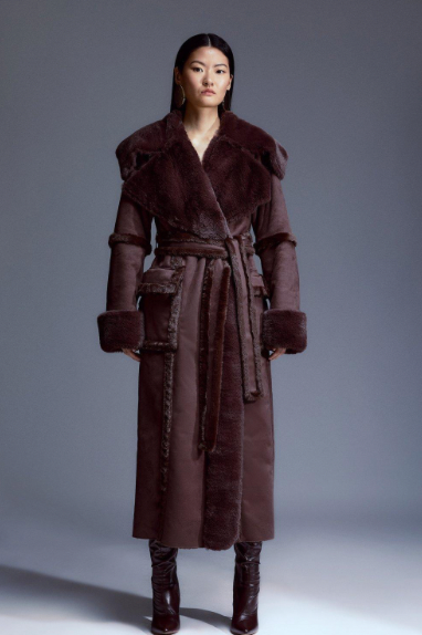 Petite Faux Shearling Collar & Cuff Tie Belt Maxi Coat