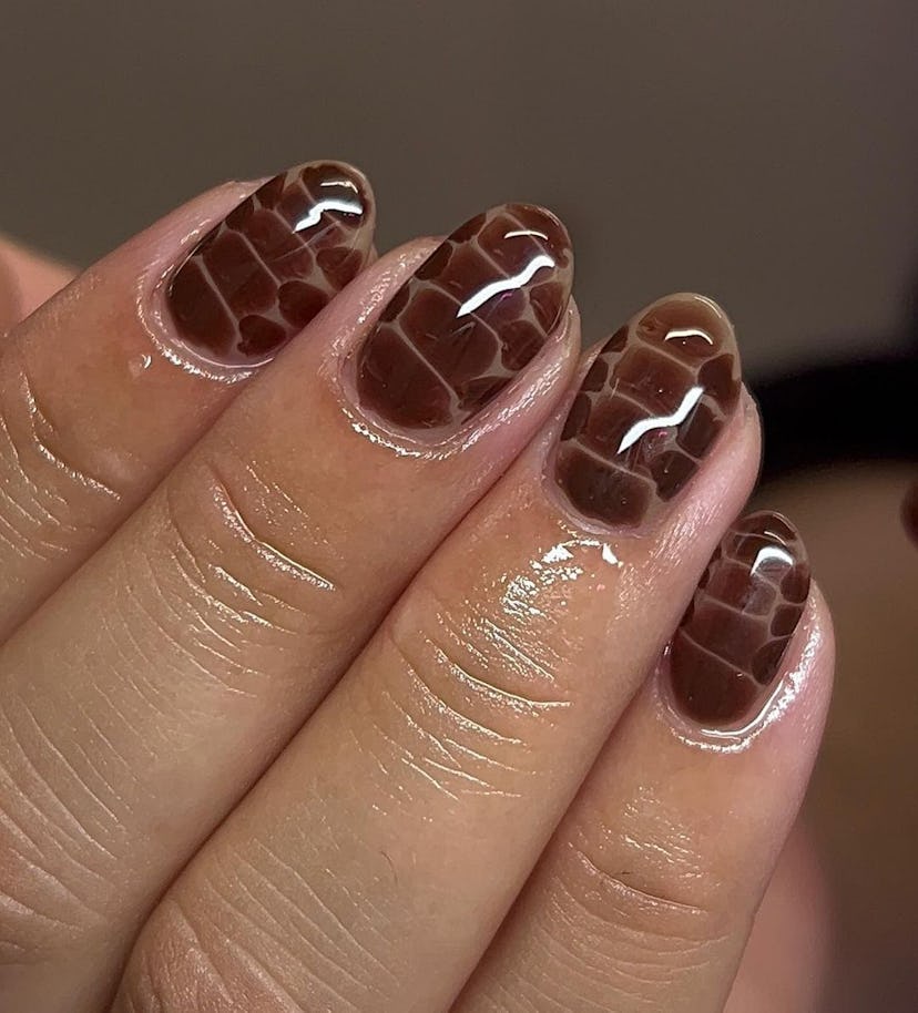 Brown crocodile print nails are perfect for Scorpio season 2024.