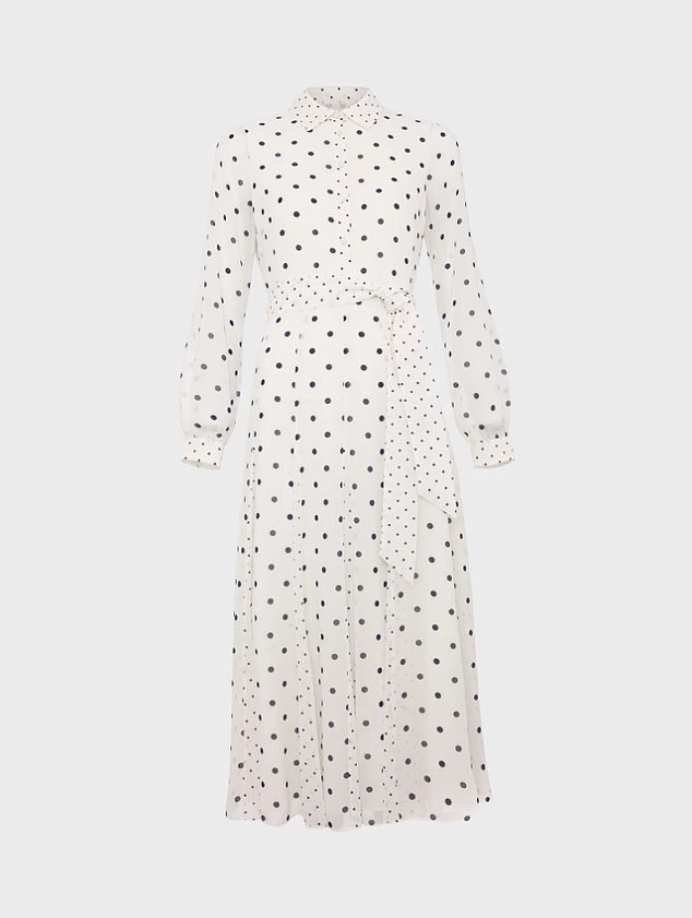 Crafted from recycled materials, the £189 Lucilla dress by Hobbs - now just £129 - combines a classic fit-and-flare silhouette with a monochrome spot print