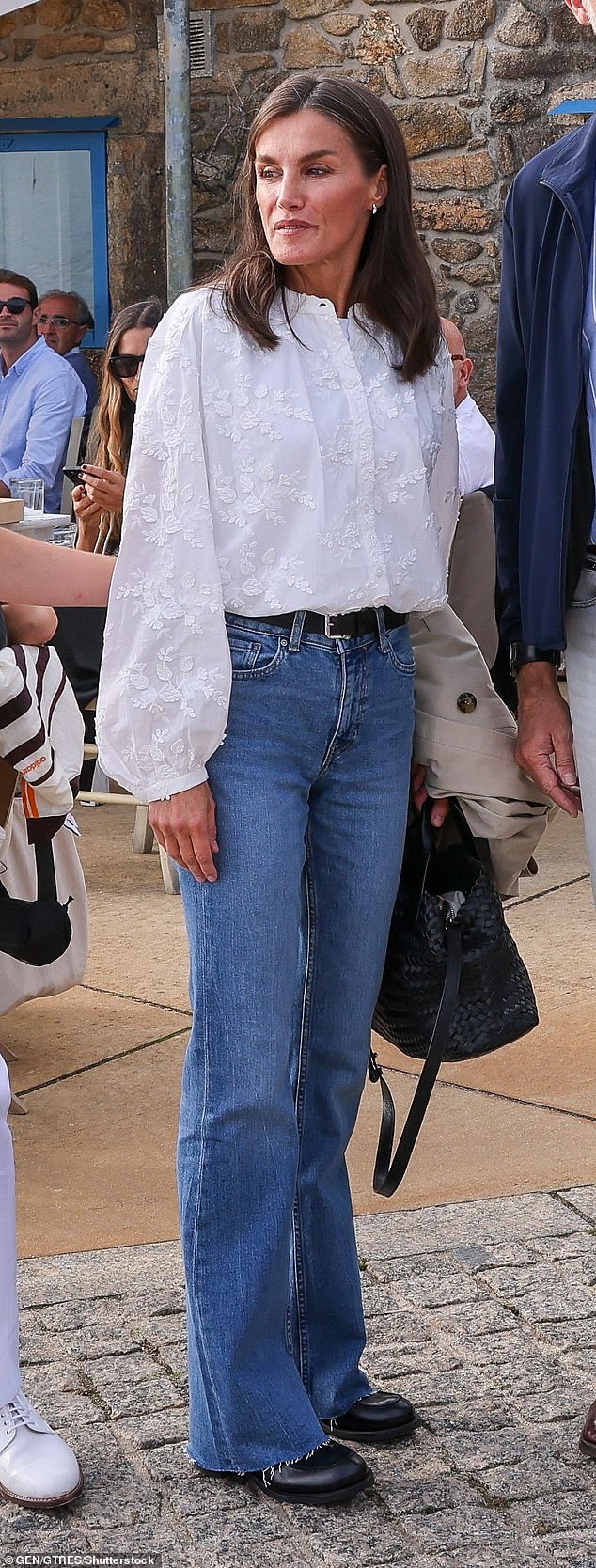 Last month, Queen Letizia showcased a floral appliqué blouse while enjoying lunch with her family