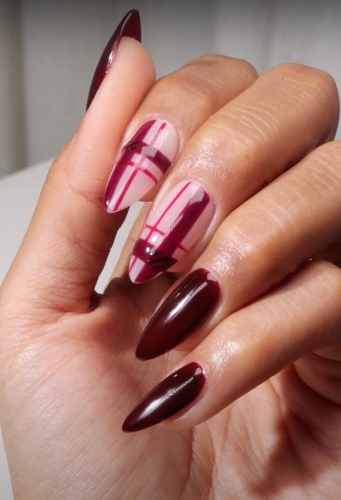 burgundy plaid nail design