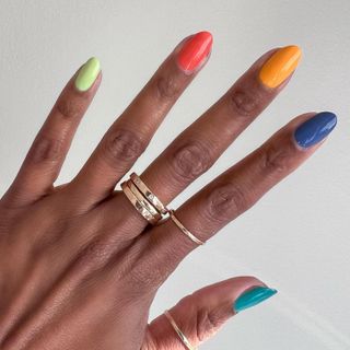 Multicolored nails.