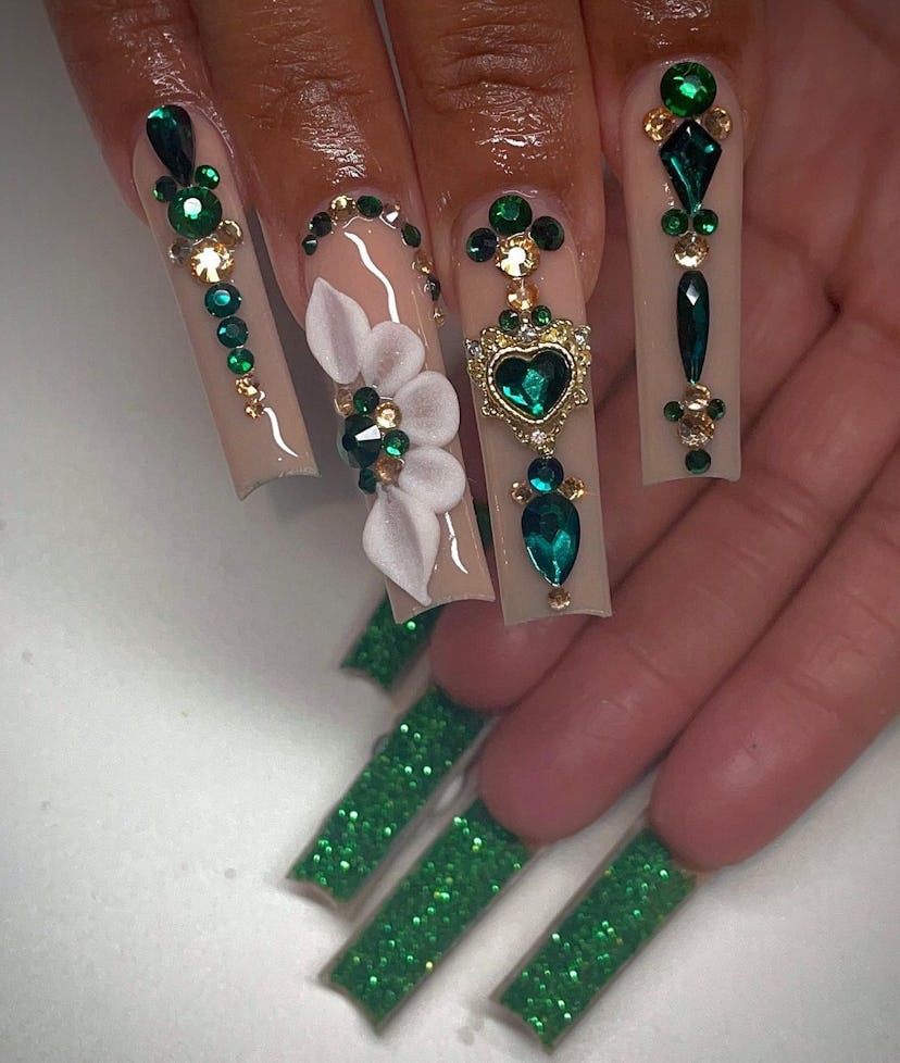 Try luxurious emerald-studded nails.