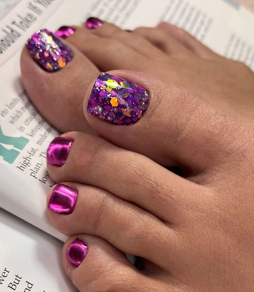 Try a glittering purple pedicure for Sagittarius season 2024.