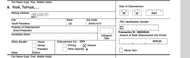 Harris's $1 billion campaign ‘disbursed’ $5,000 to Krok on August 26, according to a filing obtained by DailyMail.com