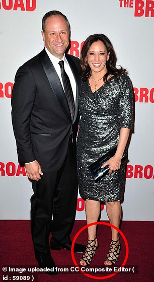 Harris posing with her husband Doug Emhoff at the Broad Museum Black Tie Inaugural Dinner in 2015 with the veep's bright red nail painted toes on display