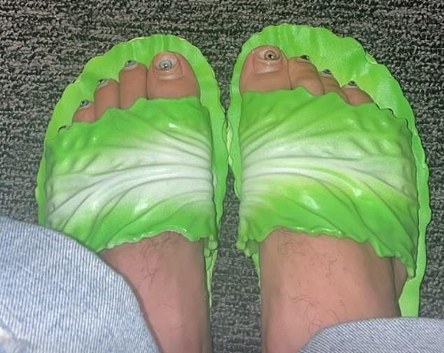 Blanco sporting his infamous lettuce slippers to show off his hyper-realistic eye toenail set