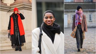 trio of images street style shots of women wearing scarfs