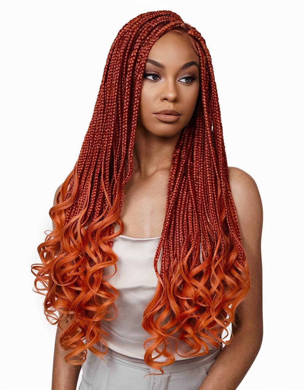 Vivid red box braids with French curls