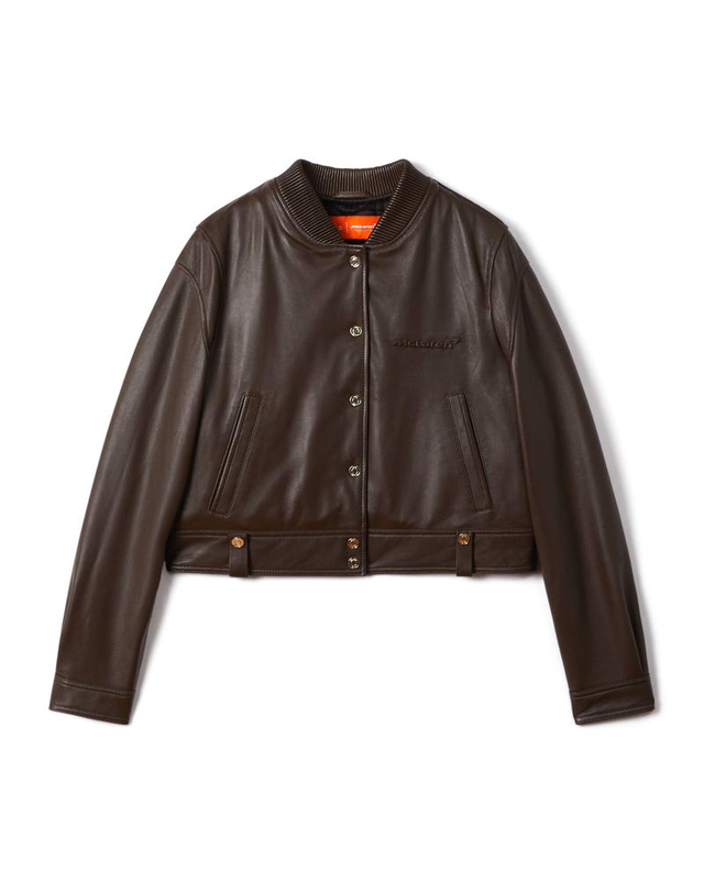 brown leather bomber jacket with ribbed collar and logo