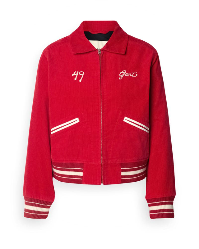 red corduroy jacket with embroidered details