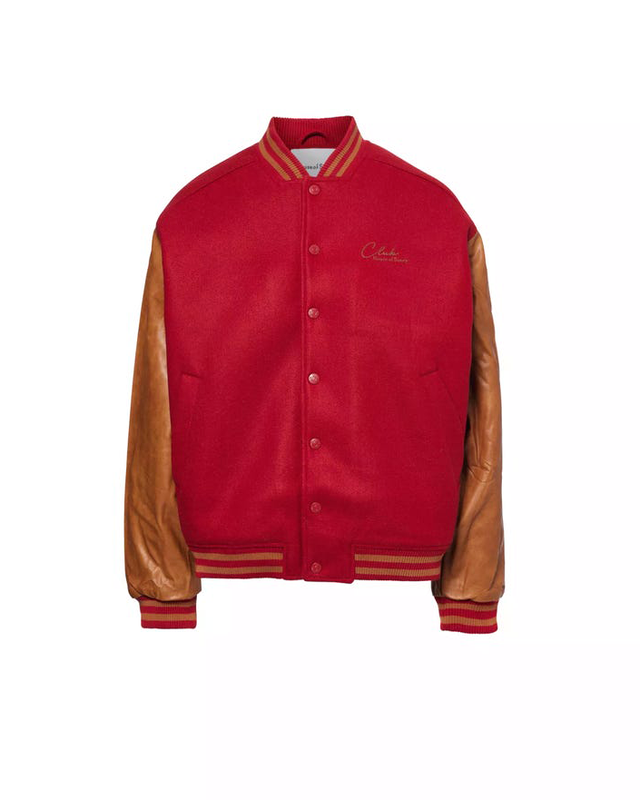 red varsity jacket with brown leather sleeves