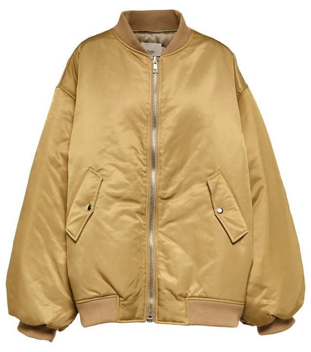 bomber jacket in a tan color with ribbed cuffs and collar