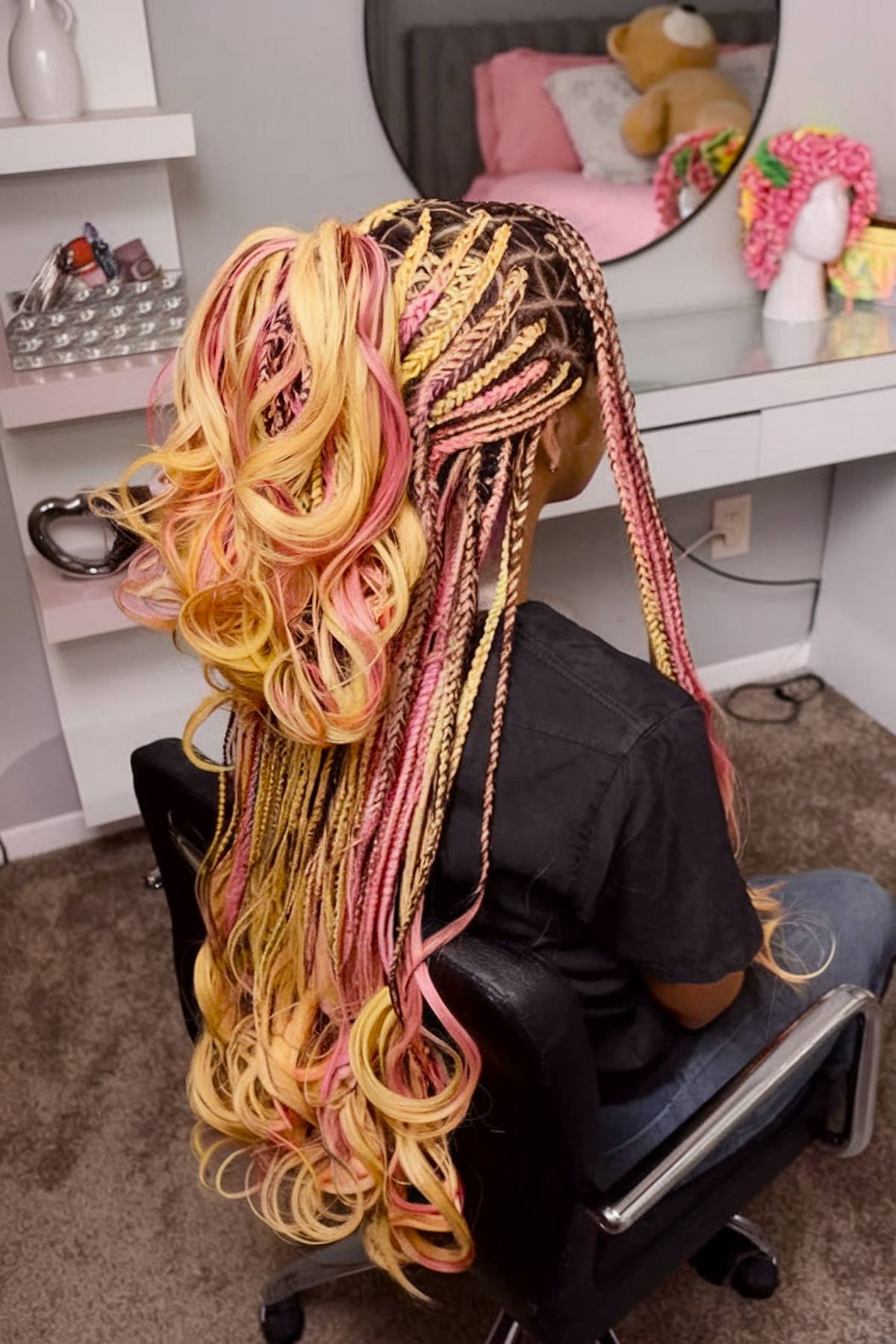 Pink and blonde French curls updo with braids