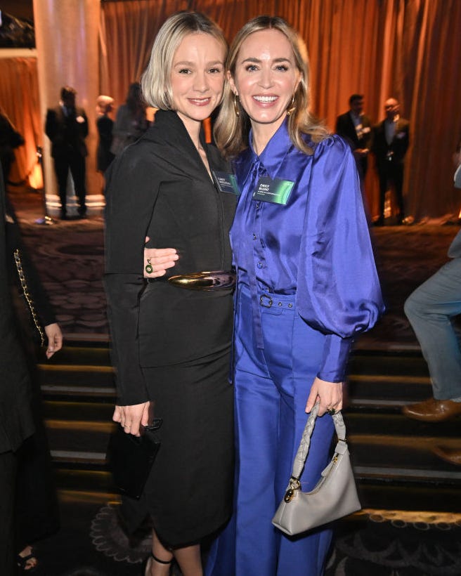 us british actress emily blunt r and english actress carey mulligan attend the oscar nominees luncheon at the beverly hilton in beverly hills, california, on february 12, 2024 photo by robyn beck afp photo by robyn beckafp via getty images