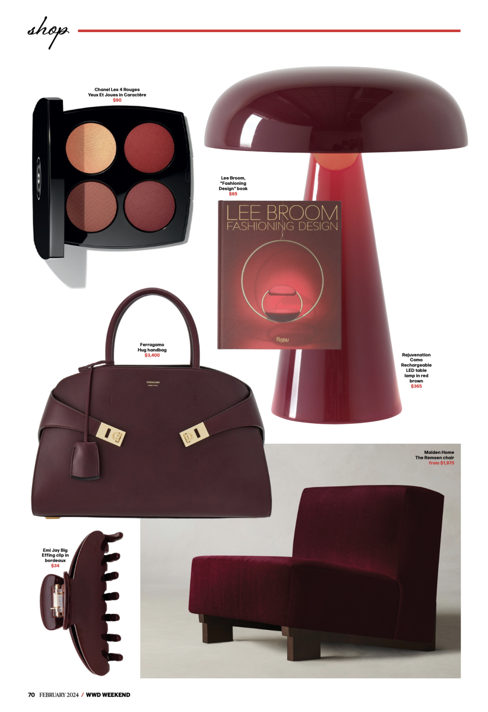 WWD Weekend February red color trend story with burgundy products including burgundy bag by Ferragamo