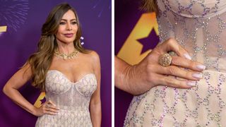 Actress Sofía Vergara wears a cream dress with rhinestone details and a milky white manicure while walking the 