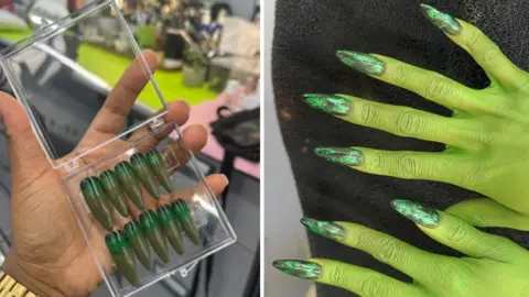 Shea Osei On the left is a set of 10 green ombré press on nails in a clear plastic case. They are held up in front of the camera. On the right is the hands of Cynthia Erivo who has painted green for the film. She is showing her hands to the camera and her nails can be seen which are black with a green foil design.