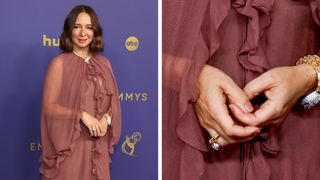 Maya Rudolph wears a mauve dress and has a chrome nude manicure at the 76th Primetime Emmy Awards at Peacock Theater on September 15, 2024 in Los Angeles, California.