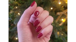 A close-up of Digital Beauty Writer, Naomi Jamieson's dark red almond nails in front of a Christmas tree background