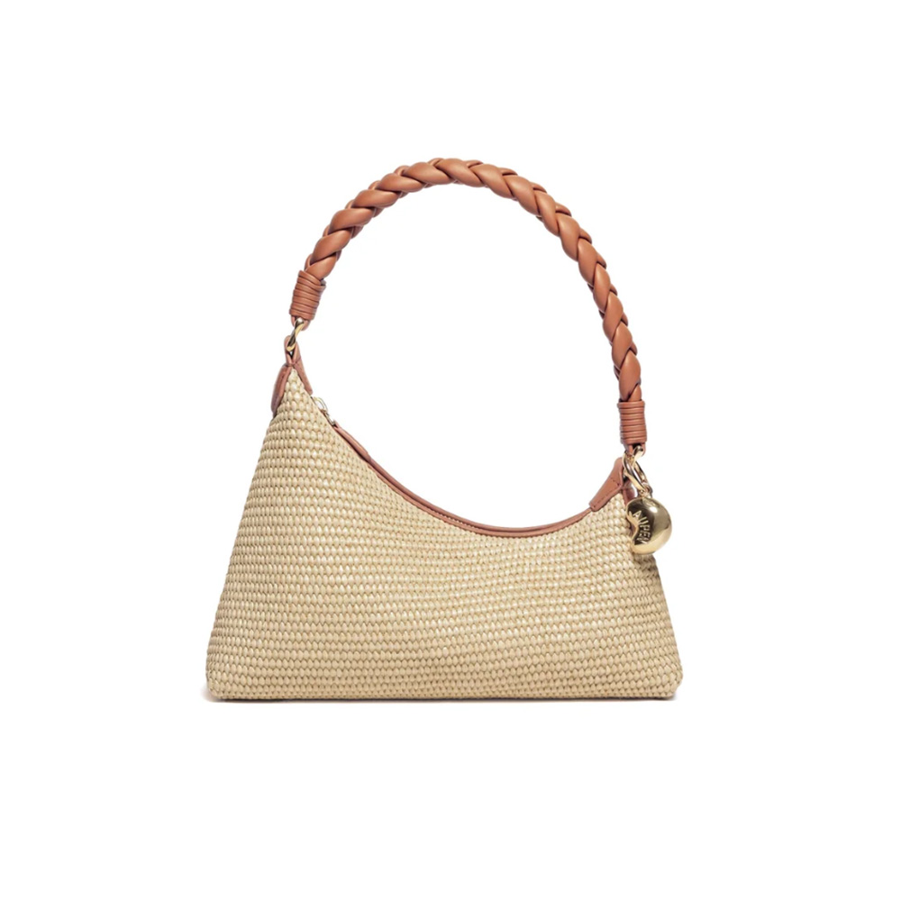 rattan and brown leather shoulder bag 