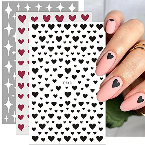 Dornail 6 Sheets Heart Star Nail Stickers 3d Black White Heart Love Stars Nail Decals Self Adhesive Nail Art Stickers Diy Nail Design Nail Art Decoration