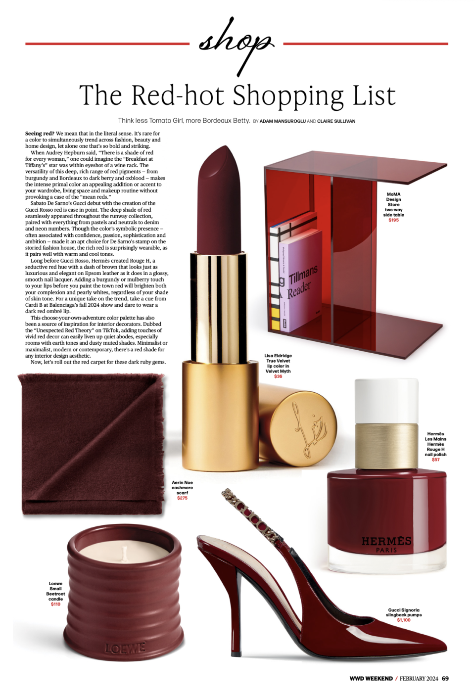 WWD Weekend February red color trend story with burgundy products