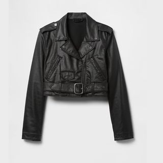 flat lay image of black leather jacket