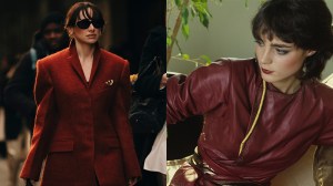 street style image of woman in cherry dark red blazer; model wearing Calvin Klein spring 1980 collection