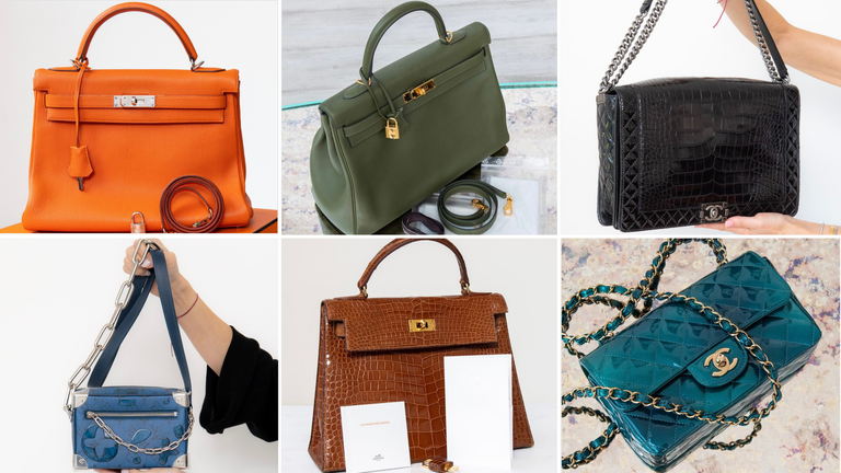 Some of the handbags that were stolen include a Hermes Vintage Kelly Crocoldile Bag from 1957, which is worth upwards of £11,000 (bottom centre) and a Chanel patent mini rectangular bag worth upwards of £5,000 (bottom right). Pics: Eveyspreloved