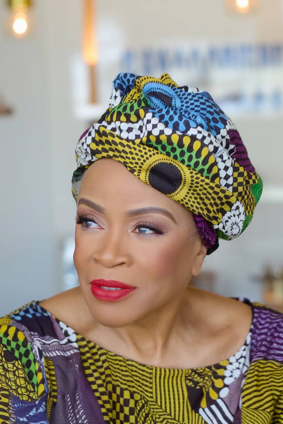 Colorful headscarf style for Black women over 60