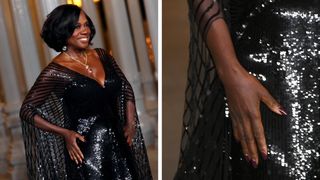 Viola Davis is pictured wearing a black sequin dress and sporting a metallic burgundy manicure at the 2024 LACMA Art+Film Gala at Los Angeles County Museum of Art on November 02, 2024 in Los Angeles, California.