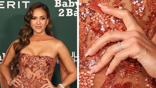 Jessica Alba wears a terracotta sequin dress and has a pink and gold star manicure at the 2024 Baby2Baby Gala at Pacific Design Center on November 09, 2024 in West Hollywood, California.