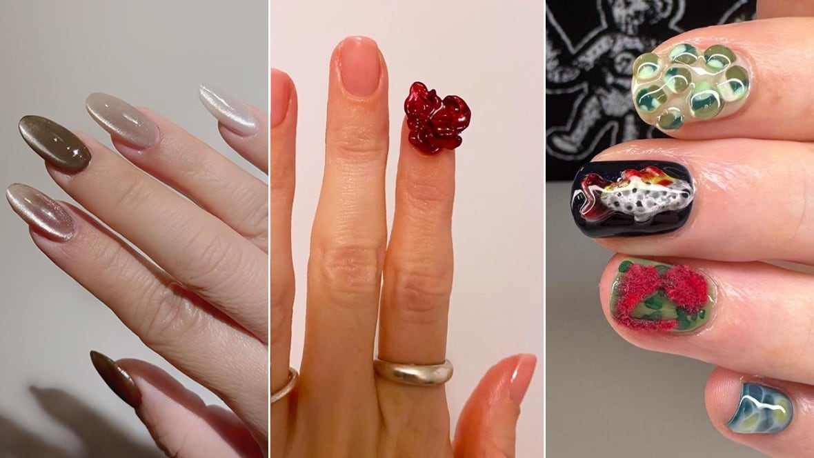 3 closeups of manicures, left to right: neutral shiny nails; one nail with a 3d red rose; colourful nails inspired by a swamp. 