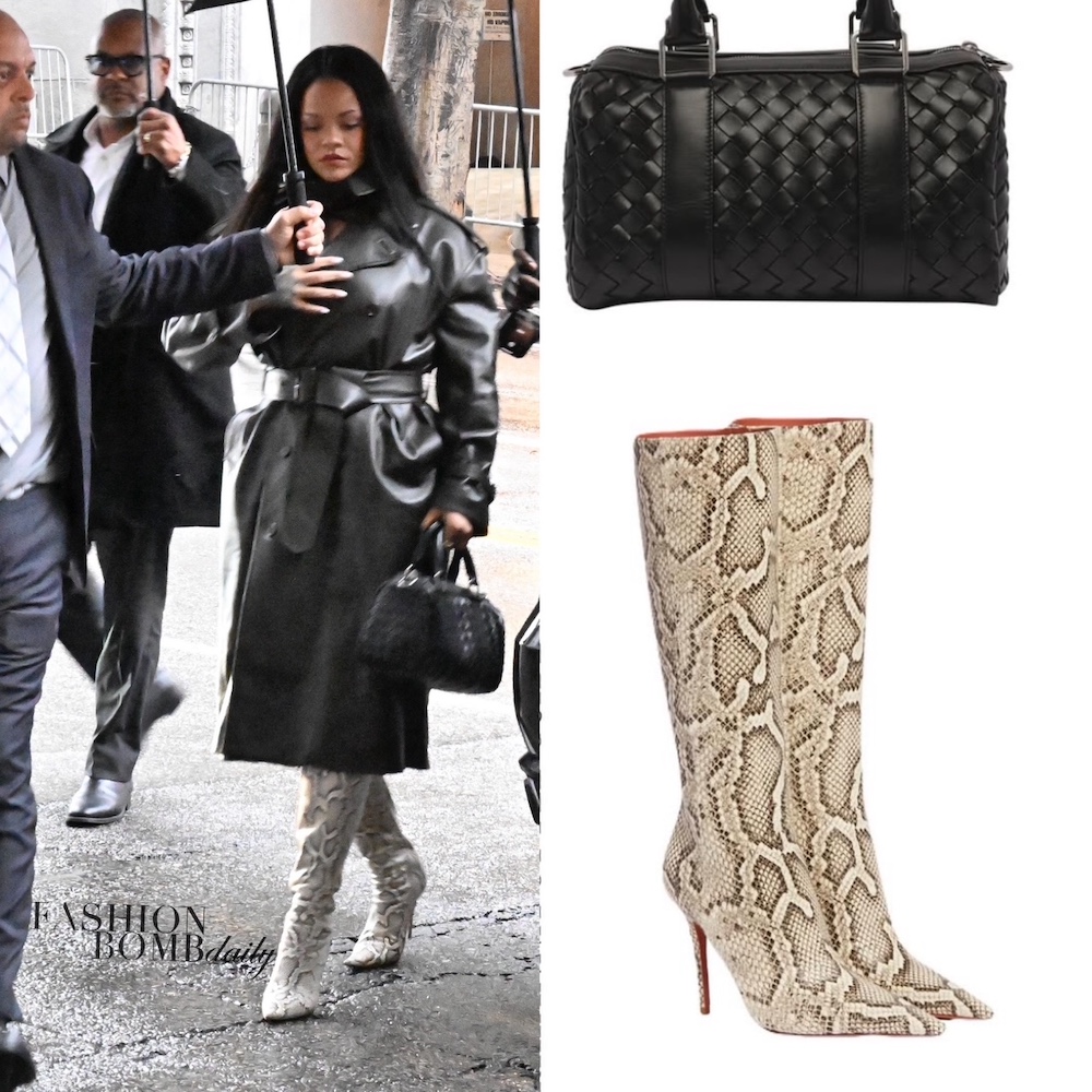 1 Rihanna And Son RZA Support ASAP Rocky In Court With Rihanna In A Phoebe Philo Green Leather Jacket Amina Muaddi Snake Boots And A Bottega Veneta Bag