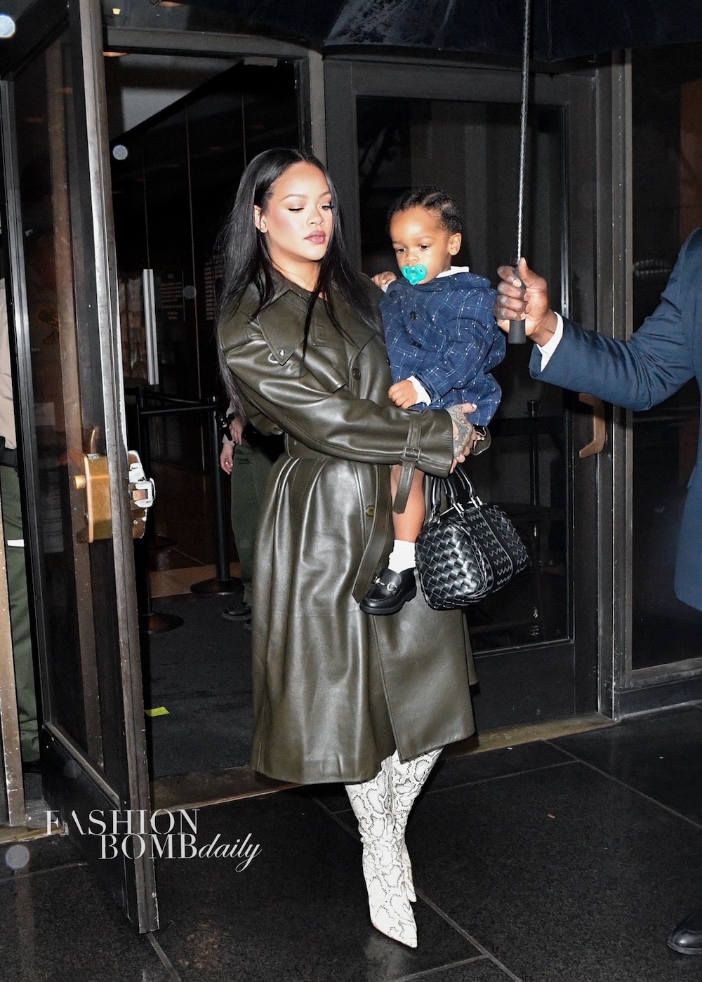 88 Rihanna And Son RZA Support ASAP Rocky In Court With Rihanna In A Phoebe Philo Green Leather Jacket Amina Muaddi Snake Boots And A Bottega Veneta Bag