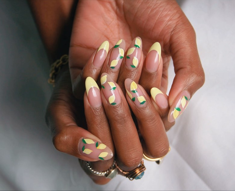 @imarninails yellow French tip nails with lemon nail art