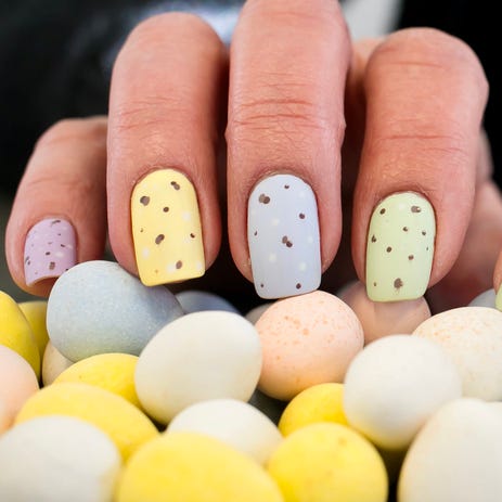 easter inspired art with pastel polish and brown spots to look like speckled eggs