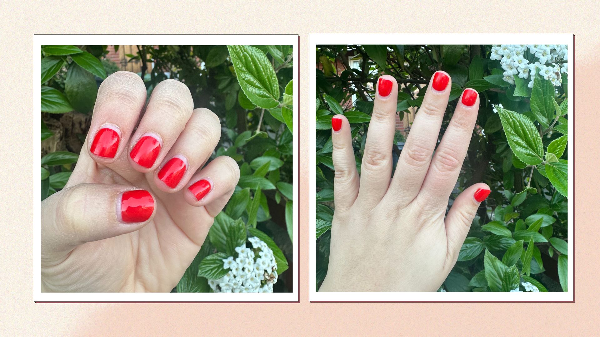 Two images of Senior Beauty Editor Rhiannon Derbyshire's Ukrainian manicure after 3 weeks